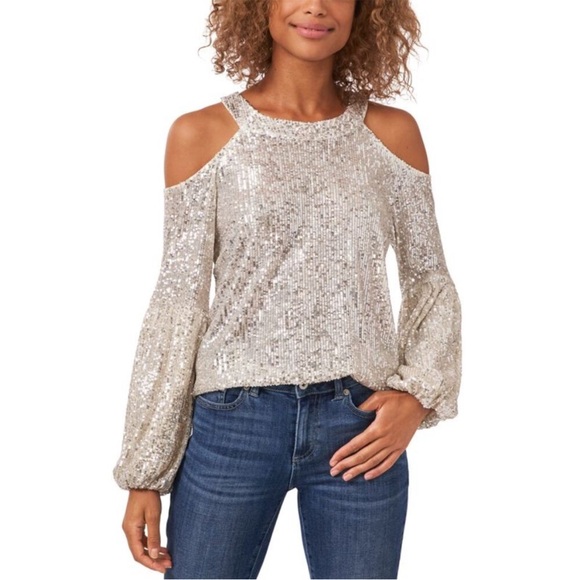 CeCe Tops - CeCe Silver Cold Shoulder Sequin Long Sleeve Blouse